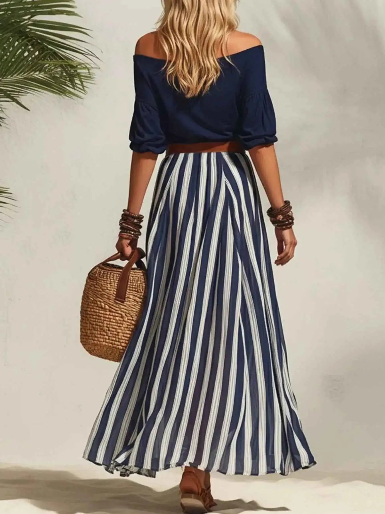 Off Shoulder Top and Striped Maxi Skirt Set with Belt