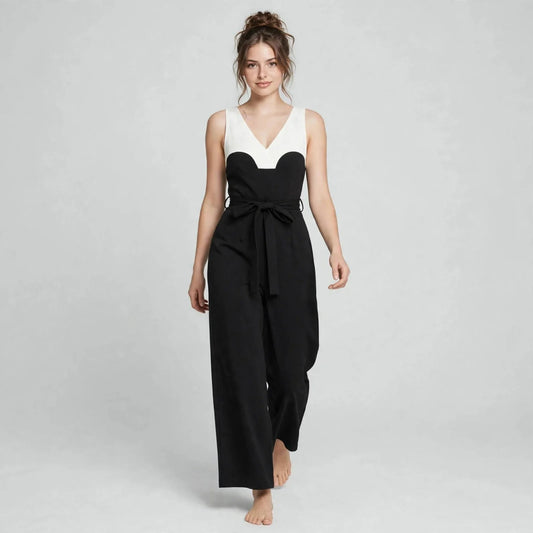 Black color-block jumpsuit on model, front view
