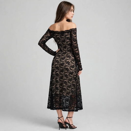 Back view of model wearing black off-shoulder long-sleeve lace maxi dress with fitted silhouette, grey studio background