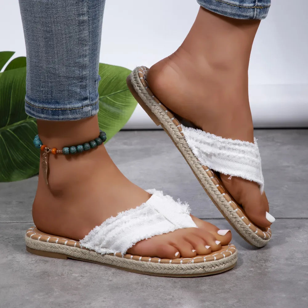 Toe Post Raw Hem Flat Sandals – Front View | Celina Studio