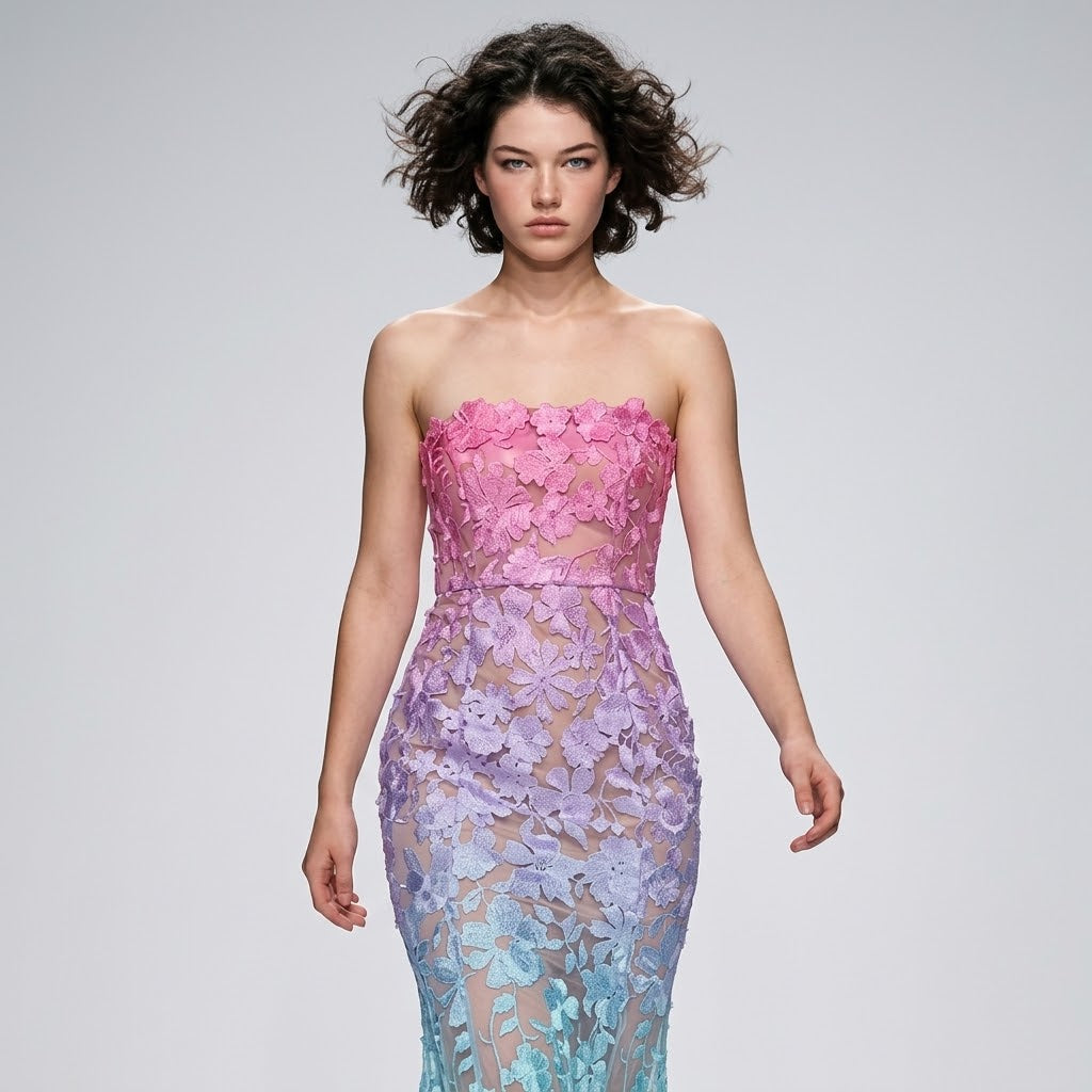 Floral Embroidered Strapless Tube Maxi Dress – Front View | Celina Studio