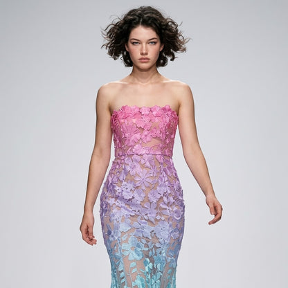Floral Embroidered Strapless Tube Maxi Dress – Front View | Celina Studio