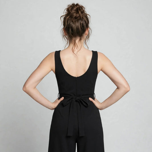 Black color-block jumpsuit on model, full-length view