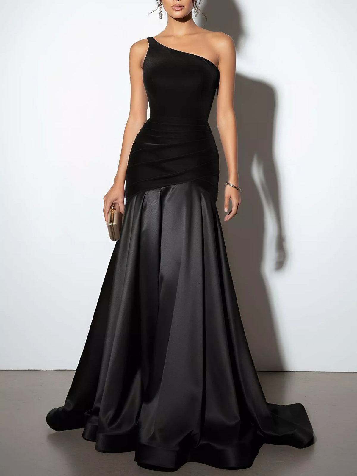 Wine Red Ruched One-Shoulder Floor-Length Dress – Ruched Detail