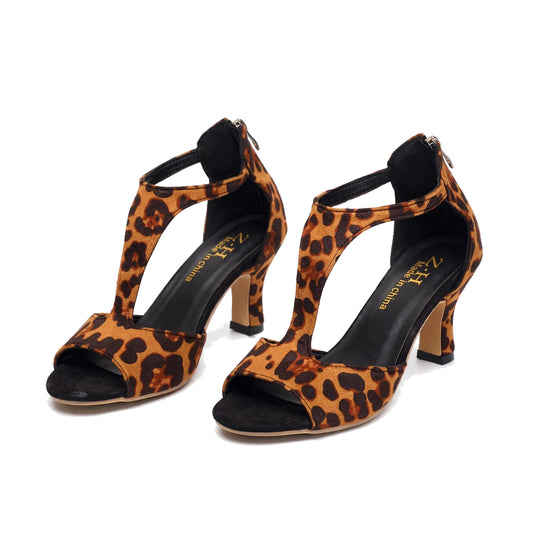 Leopard Print Open-Toe Mid-Heel Block Sandals, product view