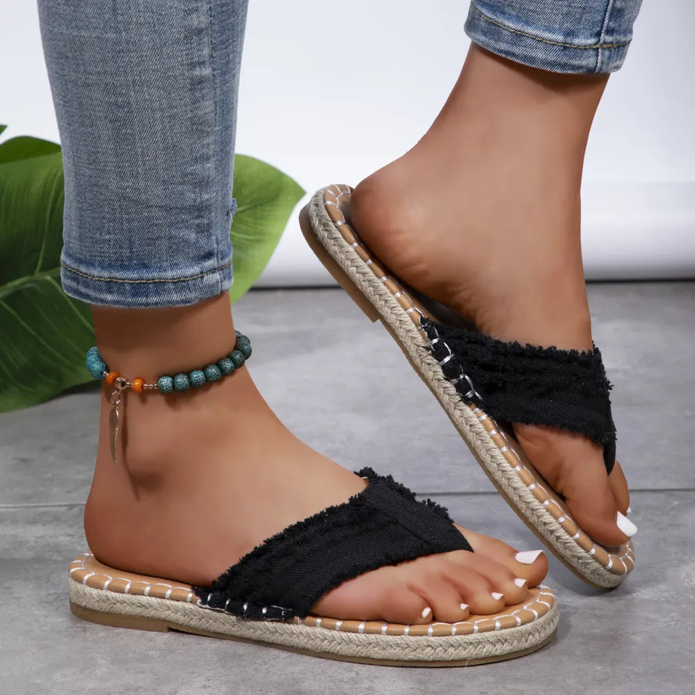 Toe Post Raw Hem Flat Sandals – Back View | Celina Studio