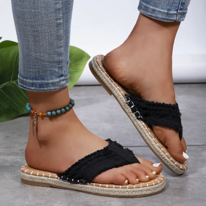 Toe Post Raw Hem Flat Sandals – Back View | Celina Studio