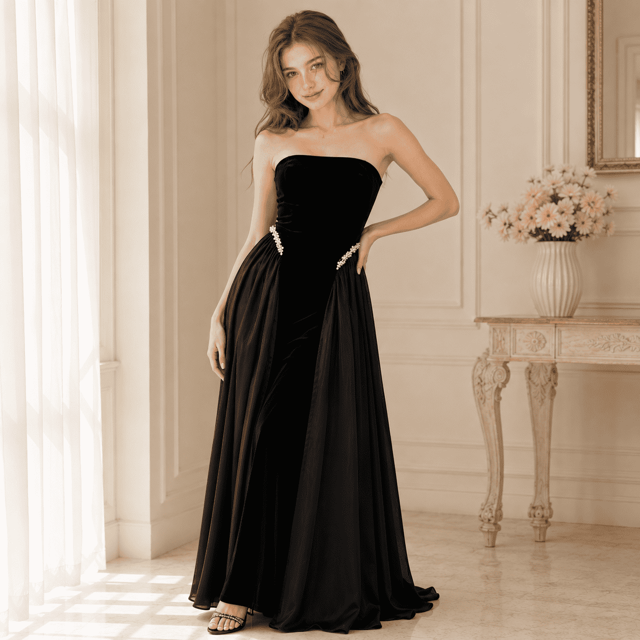 Rhinestone Tube Maxi Dress with Lace-Up Back in Black – Front View