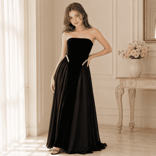 Rhinestone Tube Maxi Dress with Lace-Up Back in Black – Front View