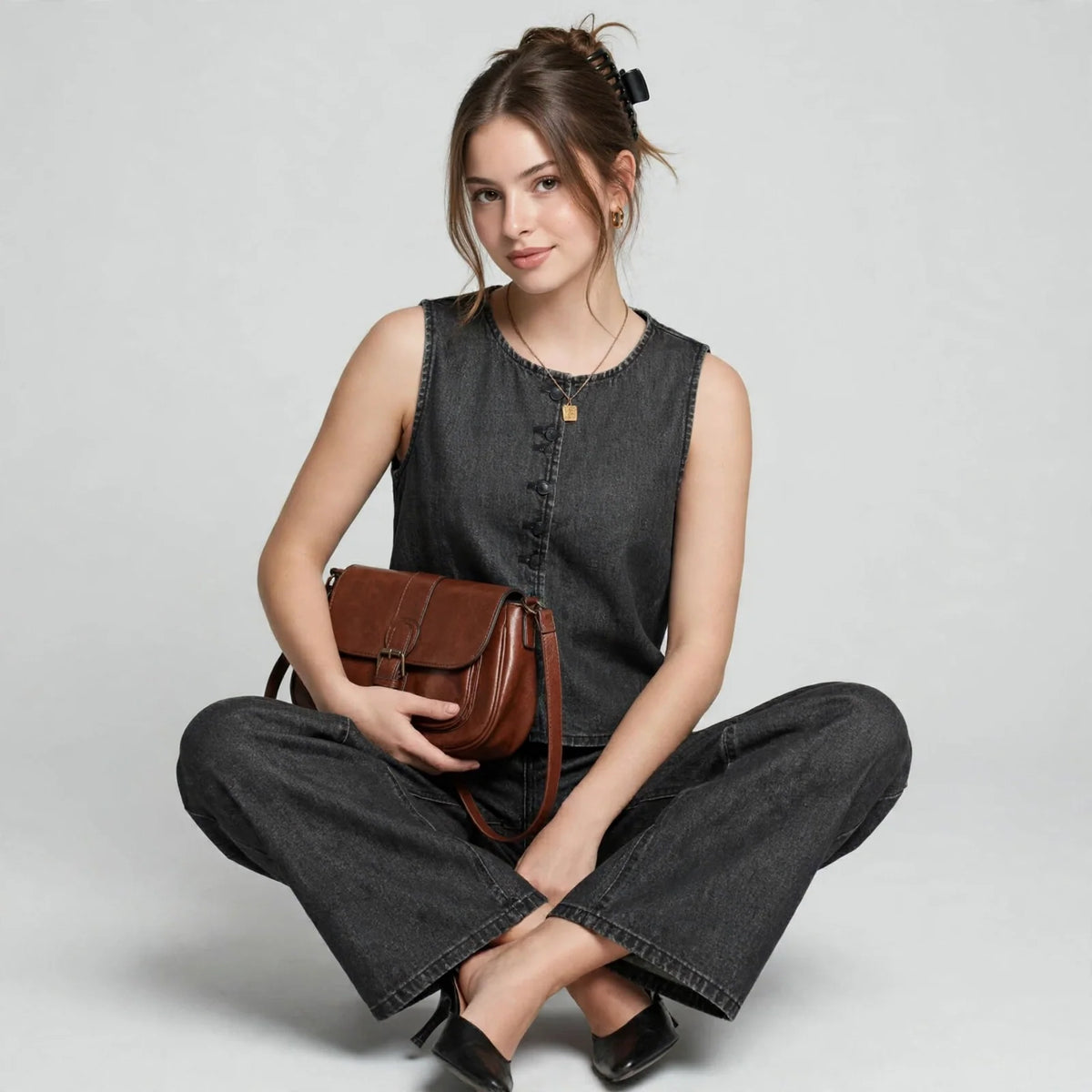Dark Blue Denim tank and pants set on model, side view
