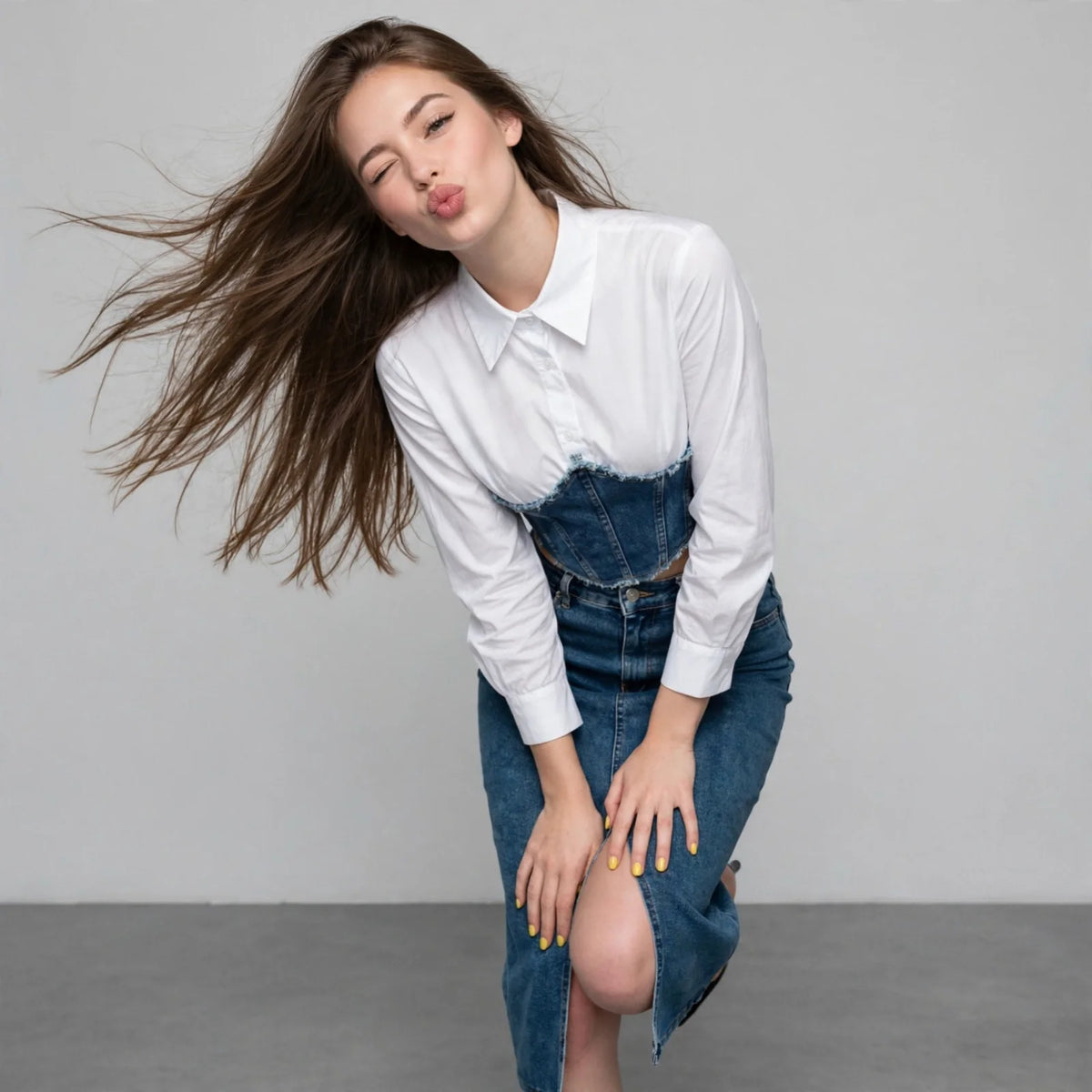 Woman bending forward, hair blowing, in white shirt under denim corset top, dark denim midi skirt, grey backdrop.