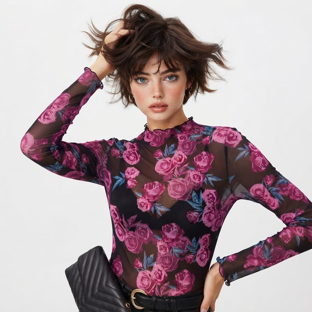 Floral Mock Neck Long Sleeve Top