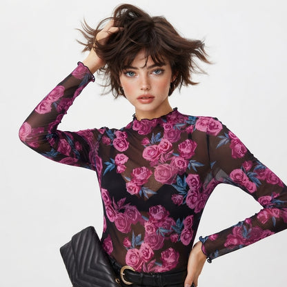 Floral Mock Neck Long Sleeve Top
