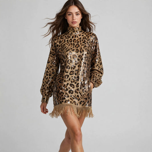 Model walking in a leopard sequin mock neck mini dress with long balloon sleeves and gold fringe hem, white studio backdrop.