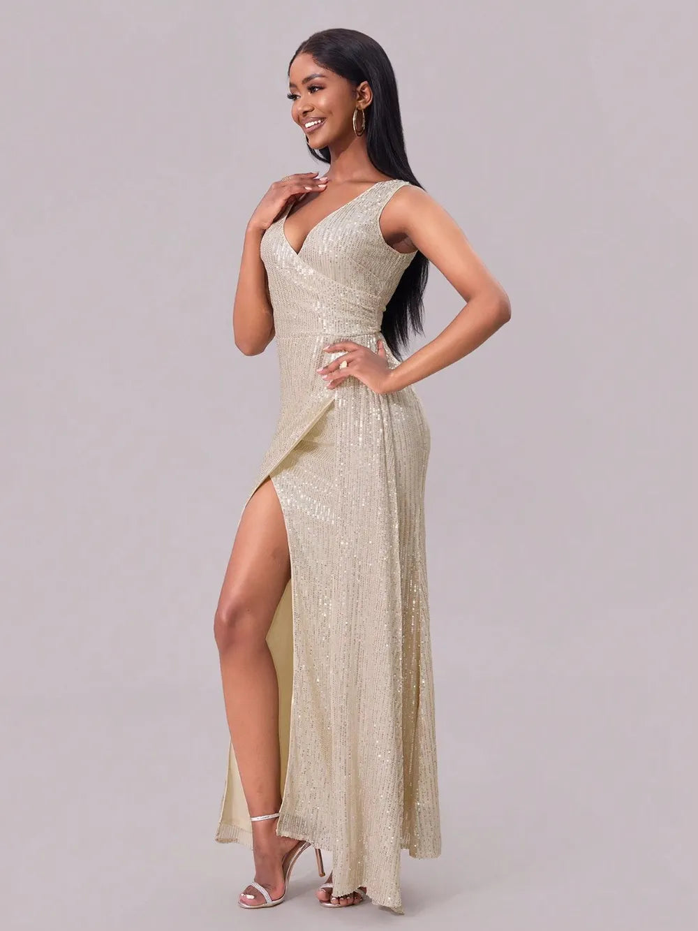 long sleeveless sequin dress Slit Surplice Maxi The halter neckline adds Color:Floral Dusty Pink The '92 Chanel Chain gold accent