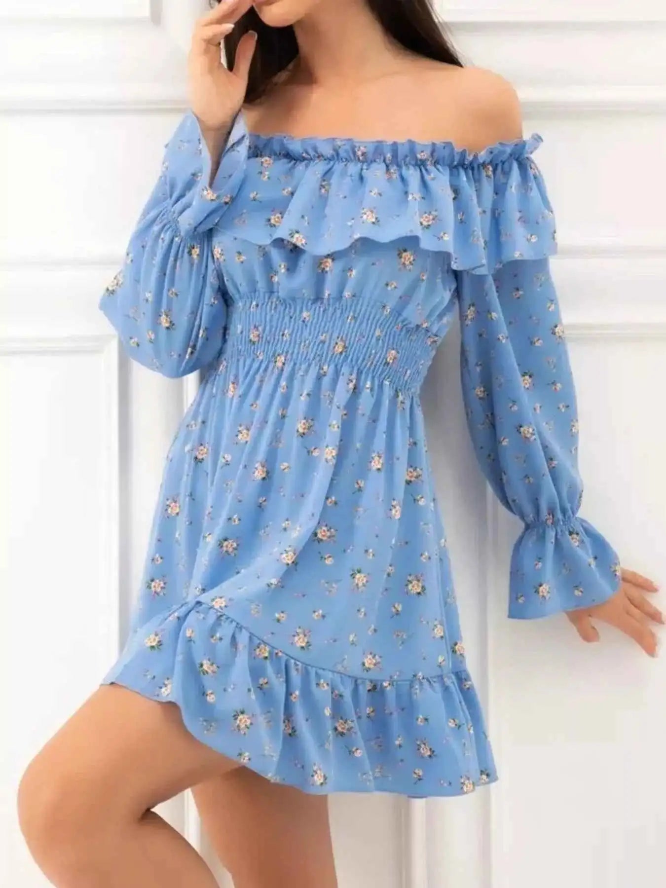Off-Shoulder Floral Print Ruffle Dress