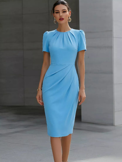 Ruched Short-Sleeve Midi Dress – Pink Color Option | Celina Studio