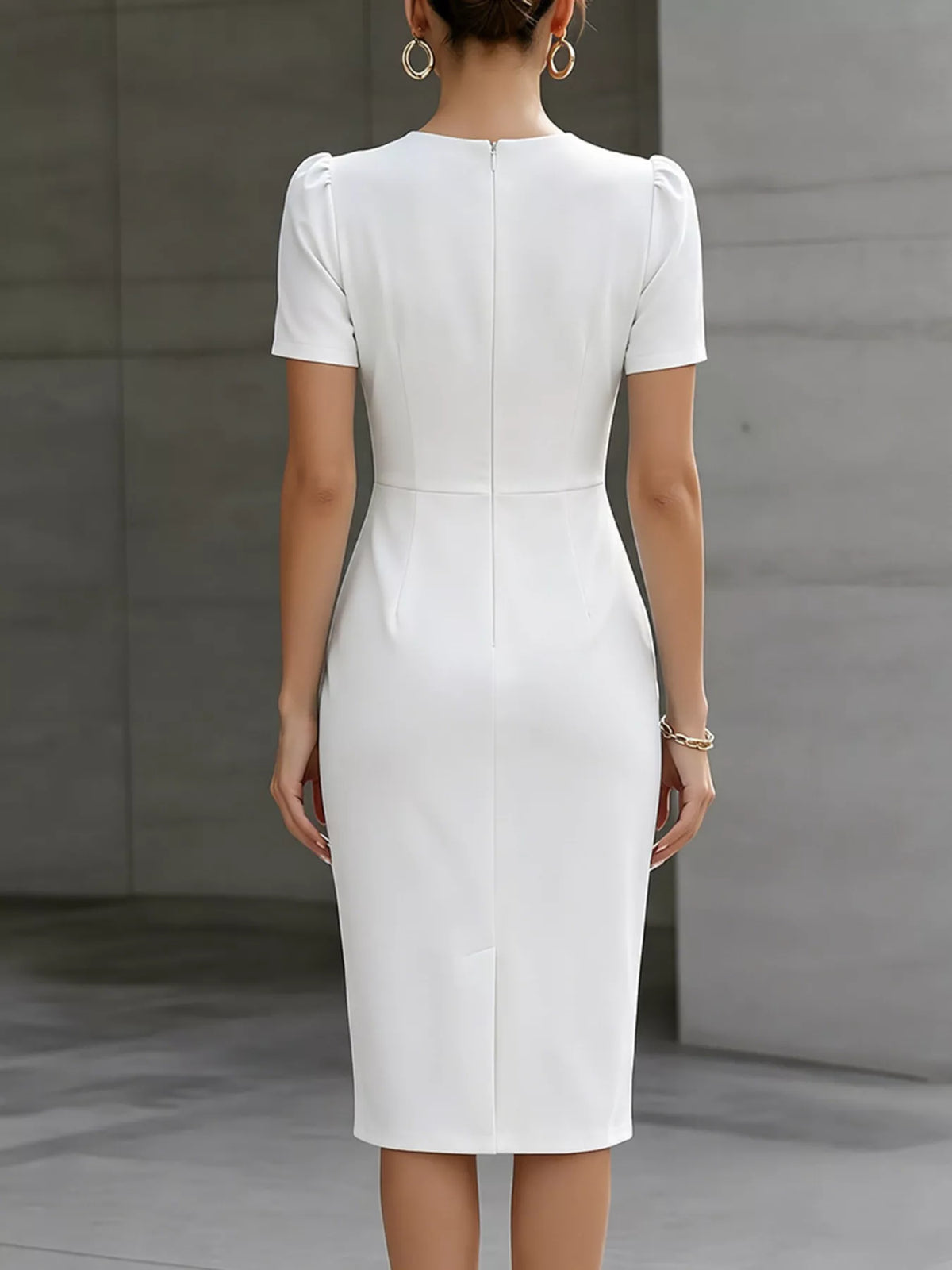 Ruched Short-Sleeve Midi Dress – Ruched Detail Close-Up
