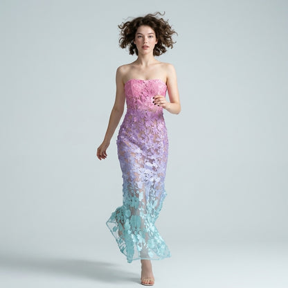 Floral Embroidered Strapless Tube Maxi Dress – Back View | Celina Studio