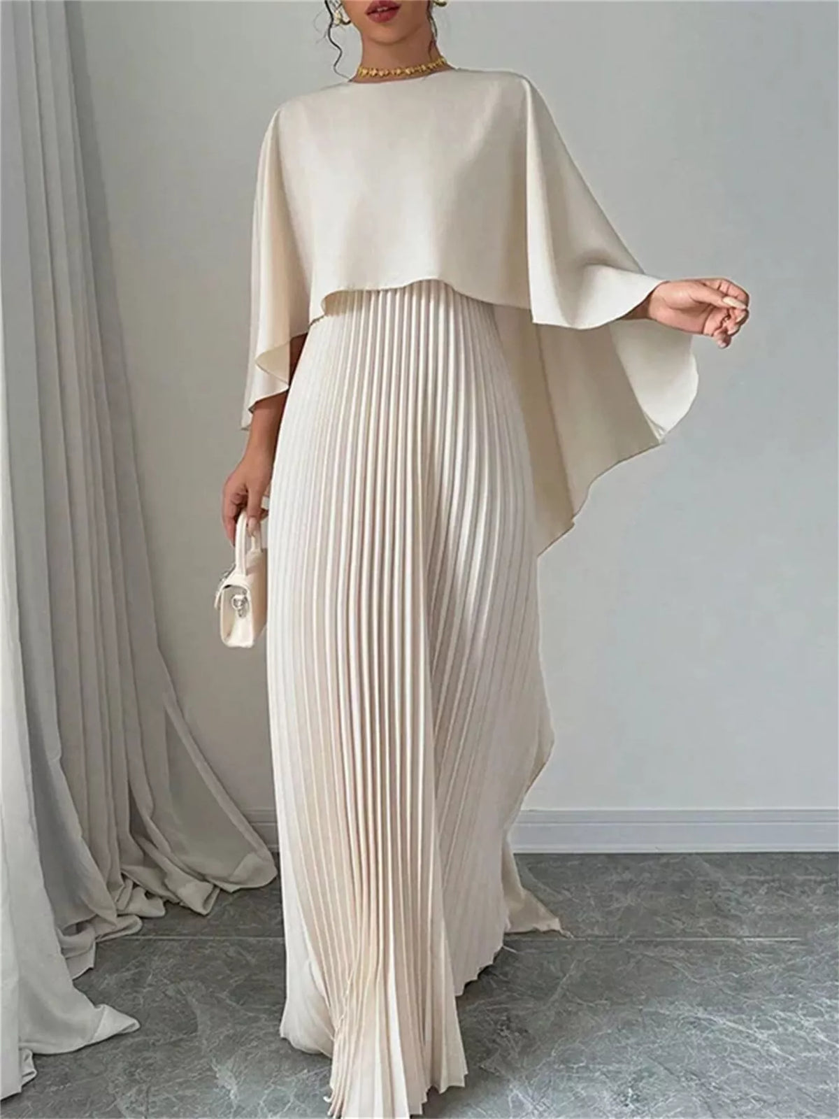 Pleated Cape Maxi Dress – Front View | Celina Studio