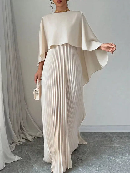 Pleated Cape Maxi Dress – Front View | Celina Studio