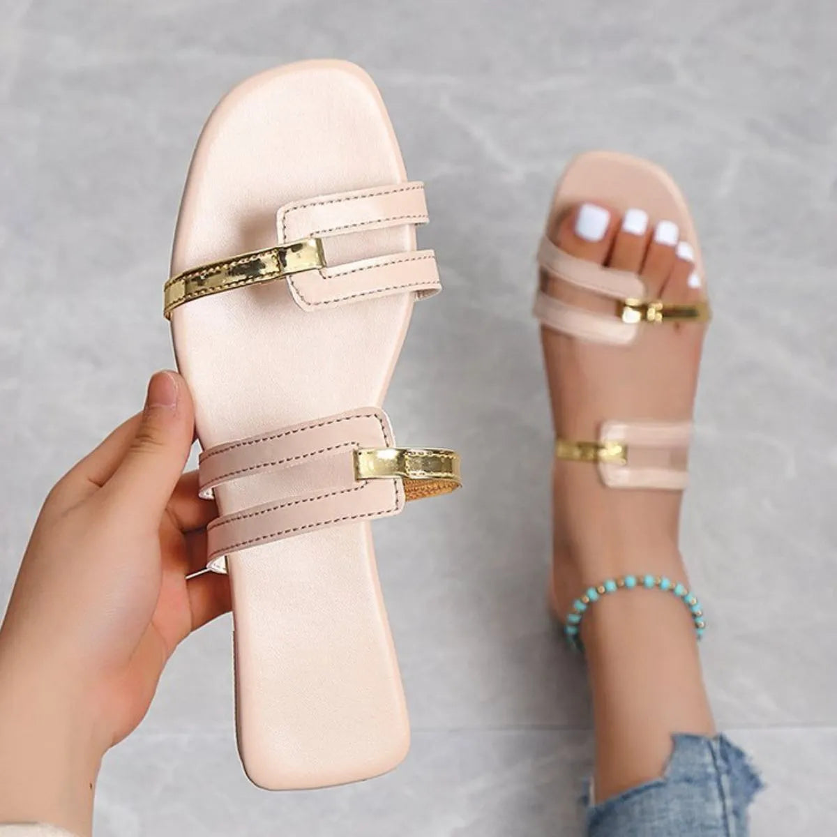 Open Toe Flat Sandals – Front View | Celina Studio