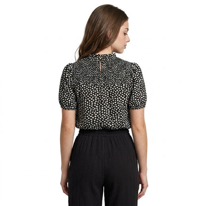 Perfee Printed Round Neck Puff Sleeve Blouse