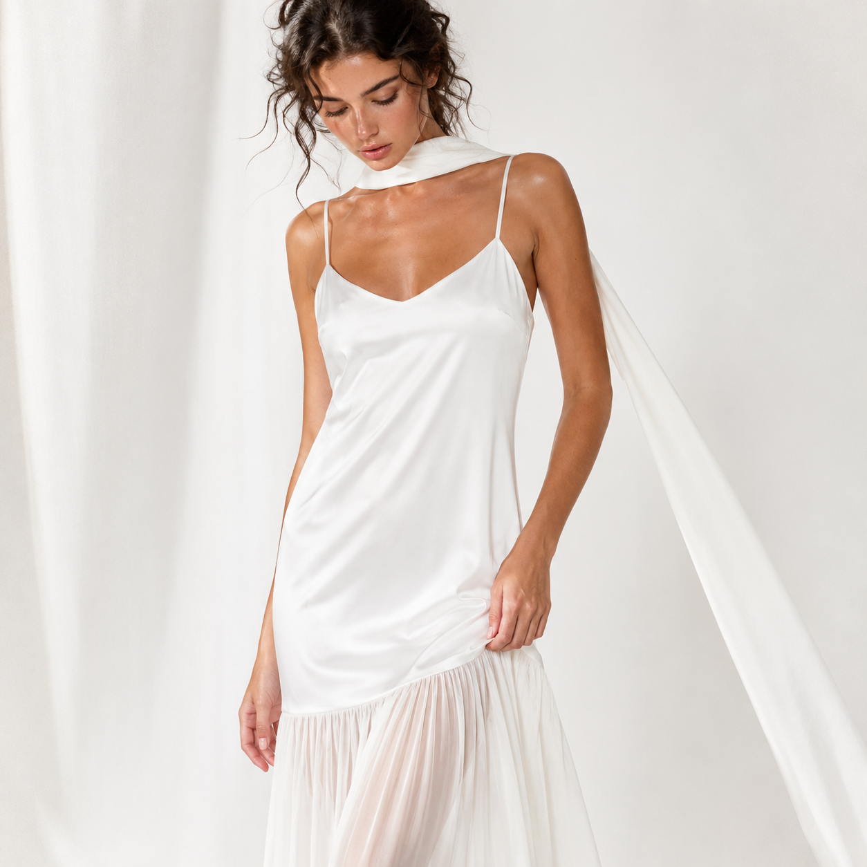 Adjustable Strap Maxi Cami Dress with Scarf – Full Length View | Celina Studio