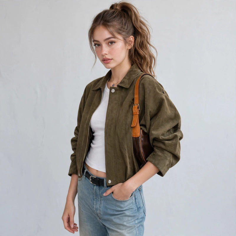 Woman modeling an army green cropped suede bomber jacket, white top and blue jeans, hand in pocket, gray background.