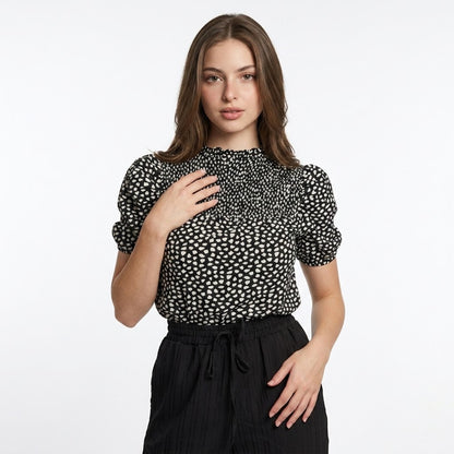 Perfee Printed Round Neck Puff Sleeve Blouse