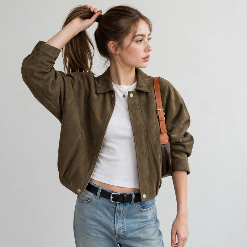 Woman posing in an army green cropped suede bomber jacket with white top, blue jeans and black belt, hand in her hair.