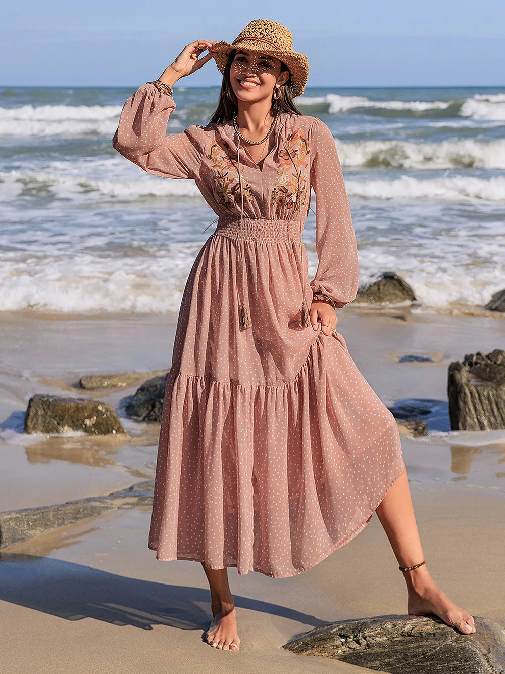 Embroidered Polka Dot Tie Neck Long Sleeve Midi Dress – Color Option | Celina Studio