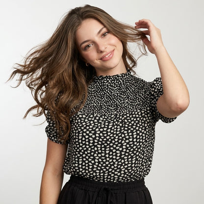 Perfee Printed Round Neck Puff Sleeve Blouse