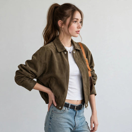 Woman modeling an olive green cropped suede bomber jacket over a white top and blue jeans, carrying a brown shoulder bag.