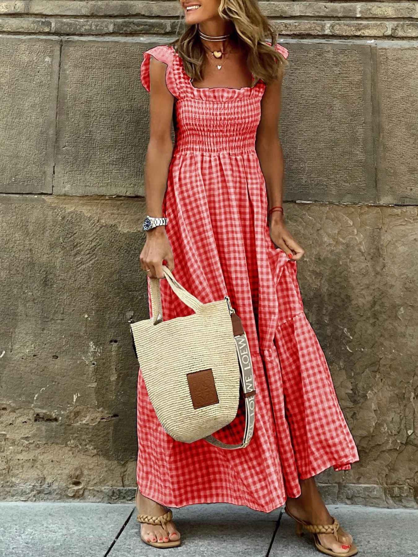 Plaid Ruffle Sleeve Maxi Dress