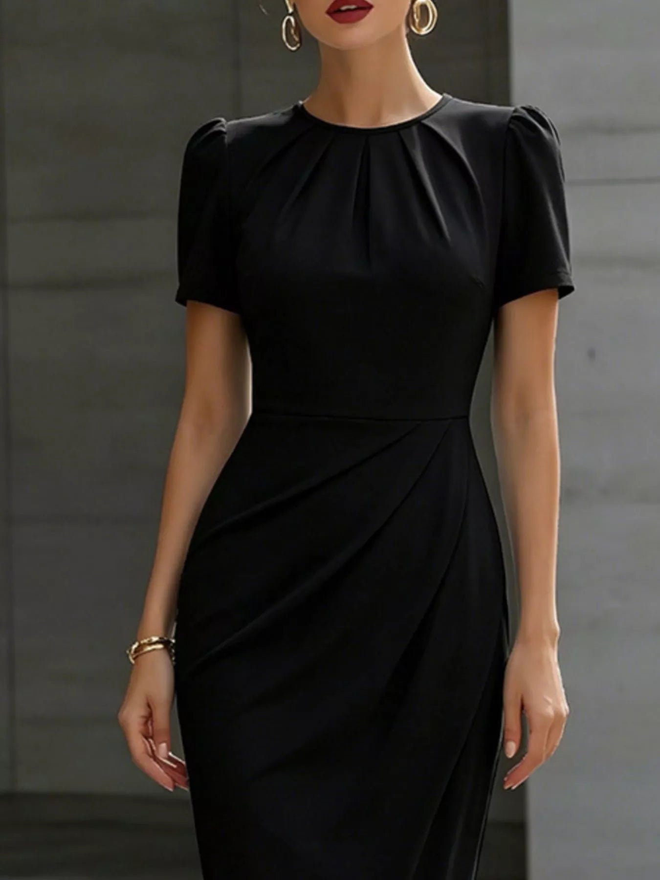 Ruched Short-Sleeve Midi Dress – Additional Color View