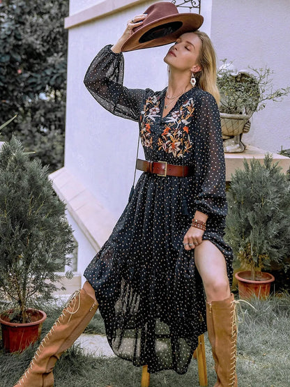 Embroidered Polka Dot Tie Neck Long Sleeve Midi Dress – Back View | Celina Studio