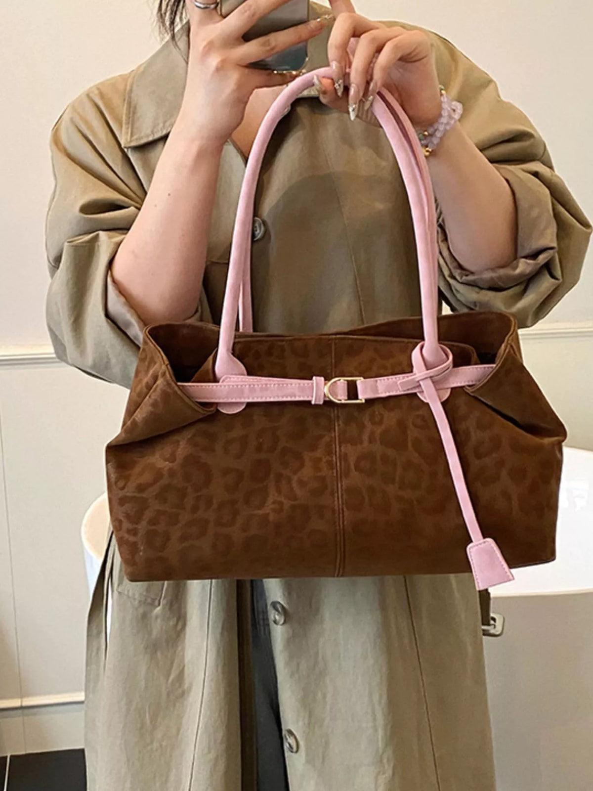 Large Leopard-Print PU Leather Handbag – Side View | Celina Studio
