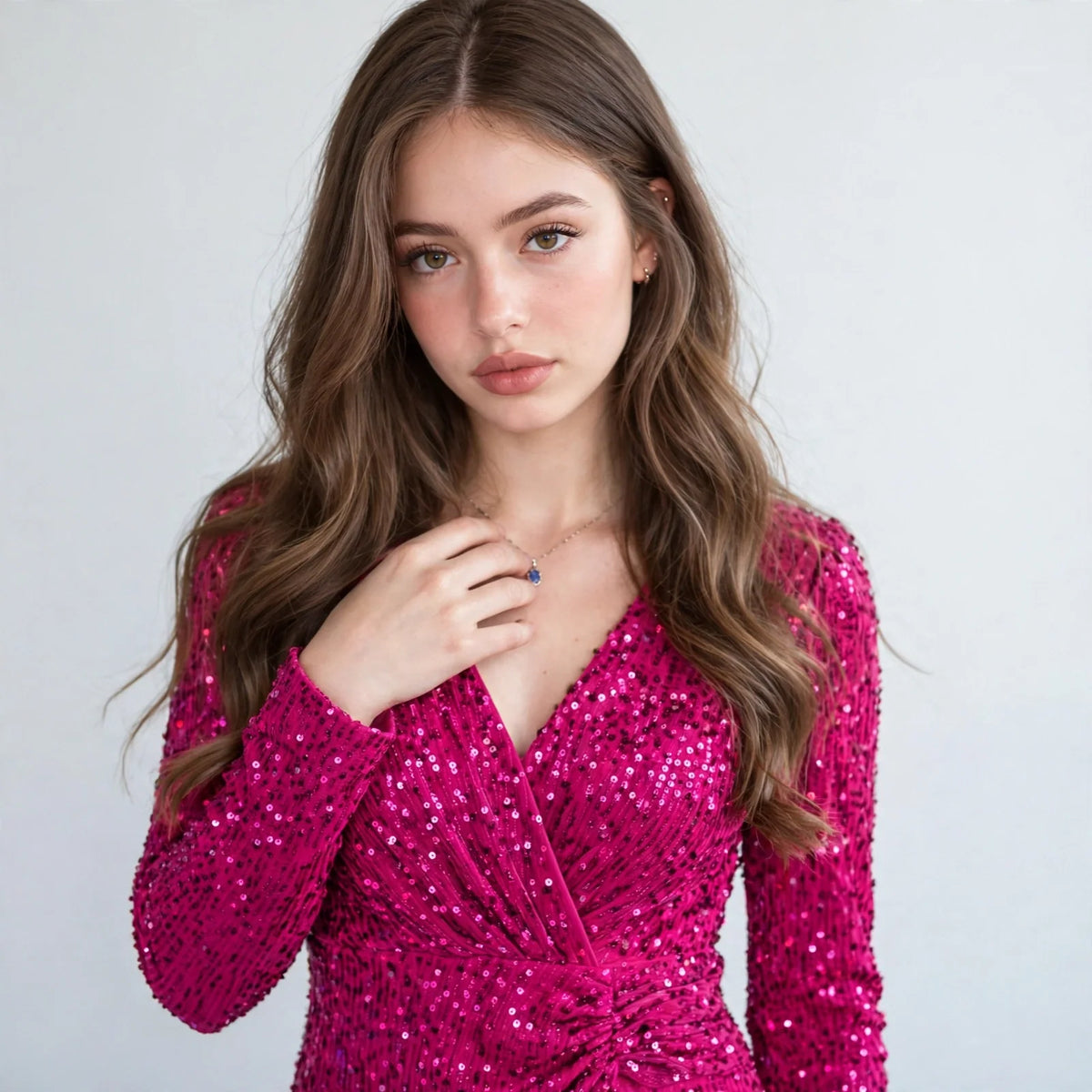 Close-up of fuchsia sequined wrap mini dress with V-neckline and long sleeves, worn by a woman with long wavy brown hair.