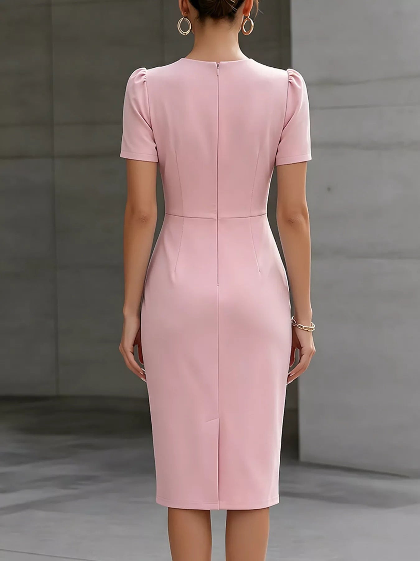 Ruched Short-Sleeve Midi Dress – Side View | Celina Studio