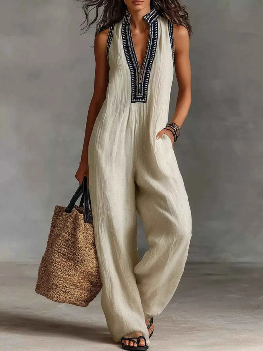 Sleeveless Wide-Leg Embroidered Jumpsuit