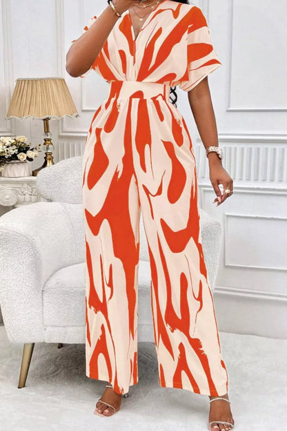 Printed V-Neck Short Sleeve Wide Leg Jumpsuit – Color Option | Celina Studio