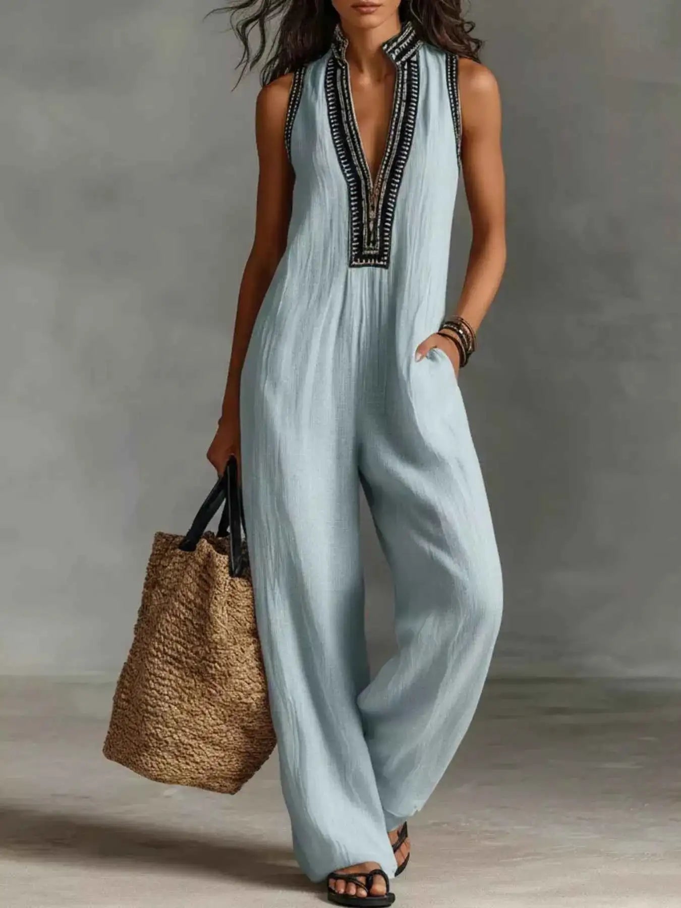 Sleeveless Wide-Leg Embroidered Jumpsuit