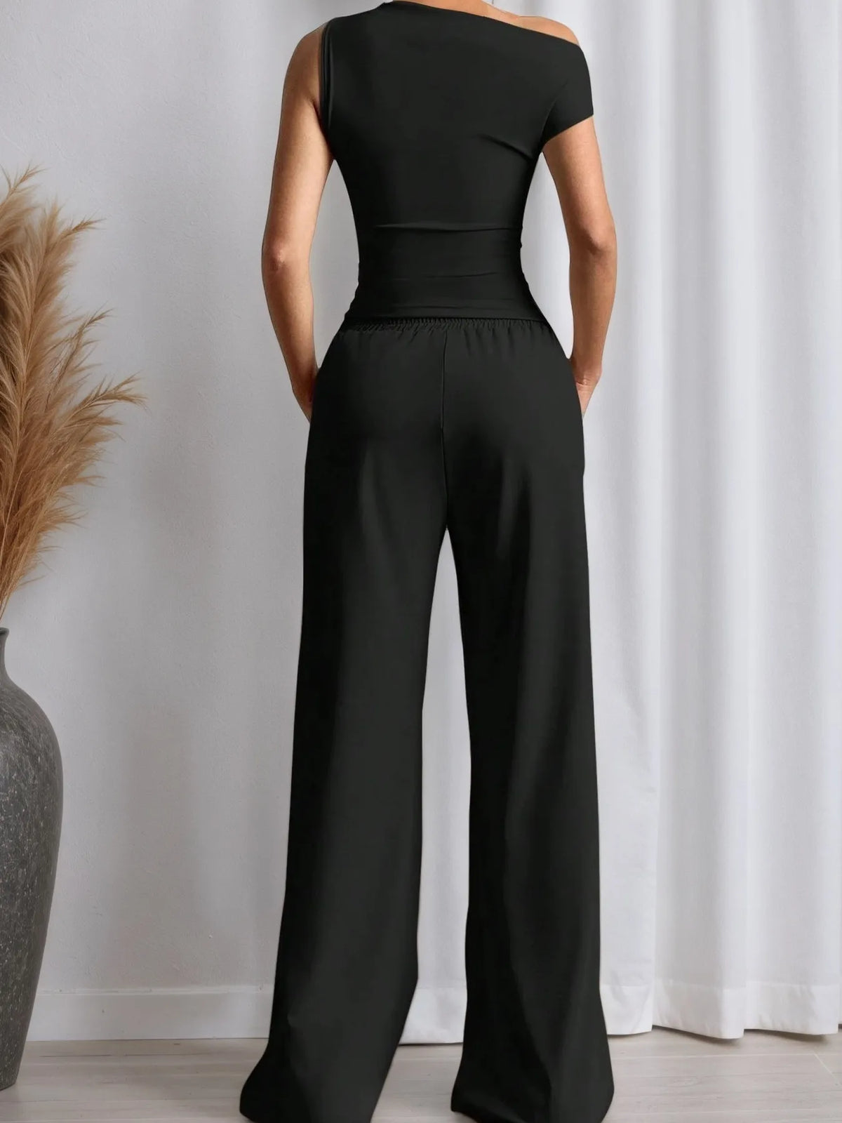 Single Shoulder Top and Pants Set – Back View | Celina Studio
