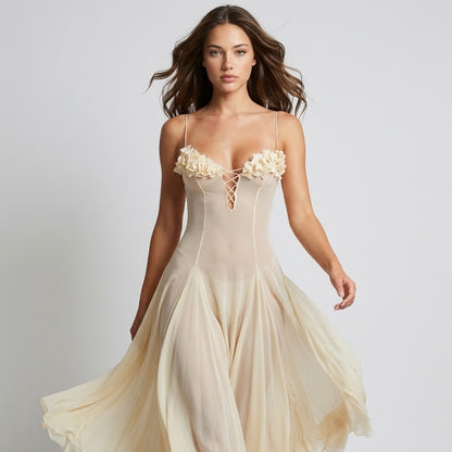 Yellow Floral-Embellished Spaghetti-Strap Dress – Front View | Celina Studio