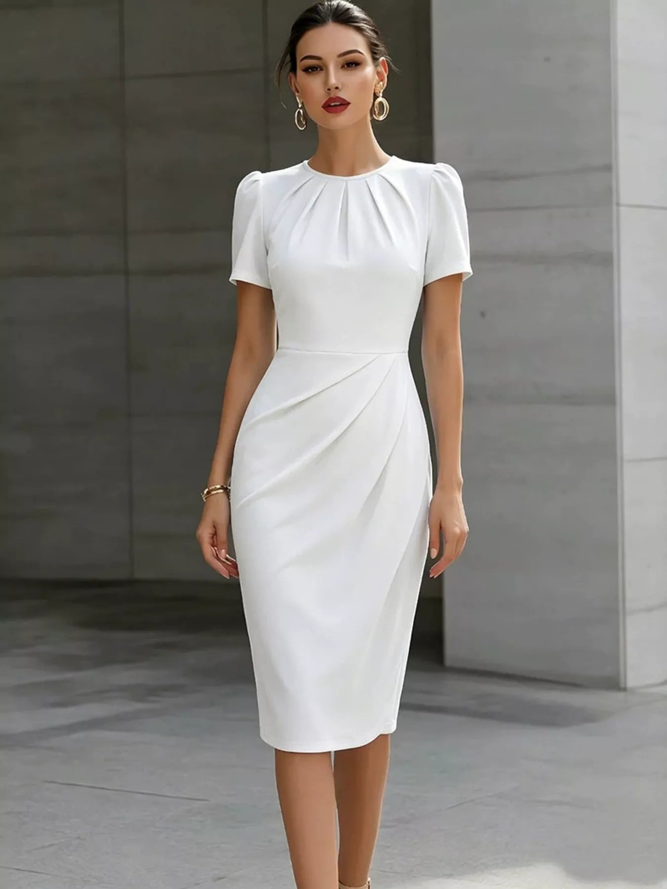 Ruched Short-Sleeve Midi Dress – Black Color Option