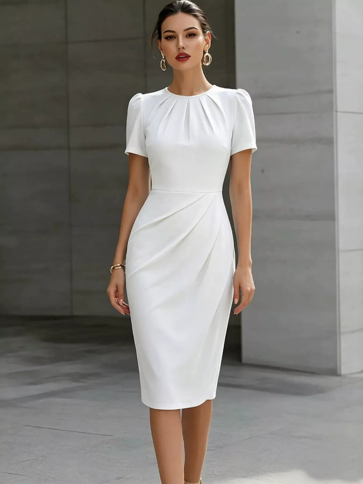 Ruched Short-Sleeve Midi Dress – Black Color Option