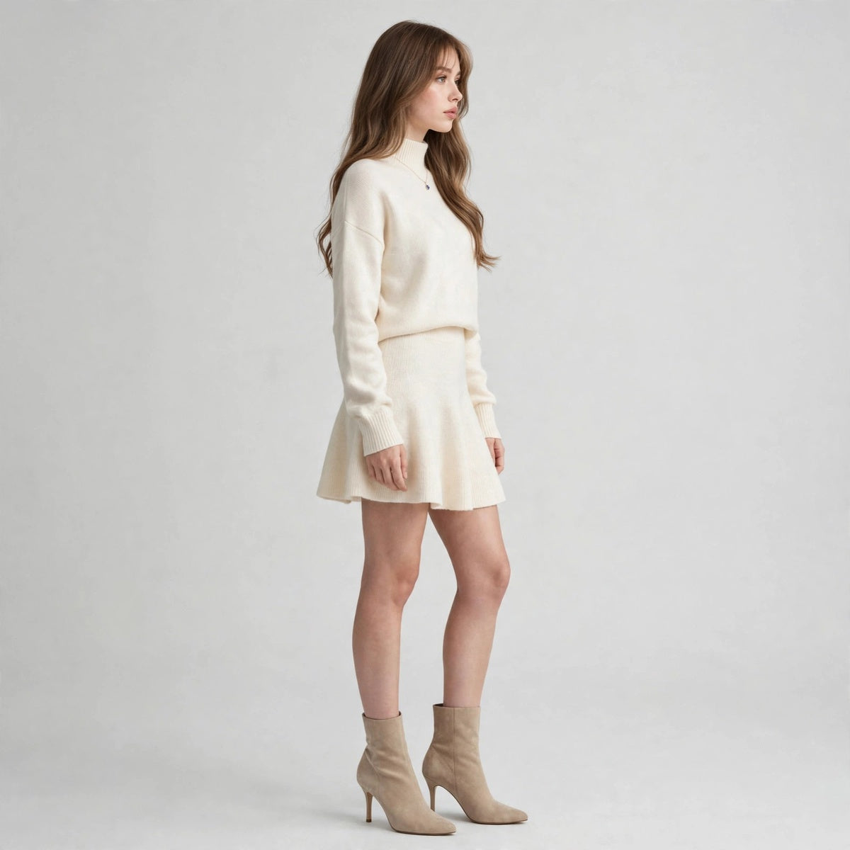 Side profile of a cream turtleneck knit sweater and matching flared mini skirt set, beige ankle boots, gray studio.