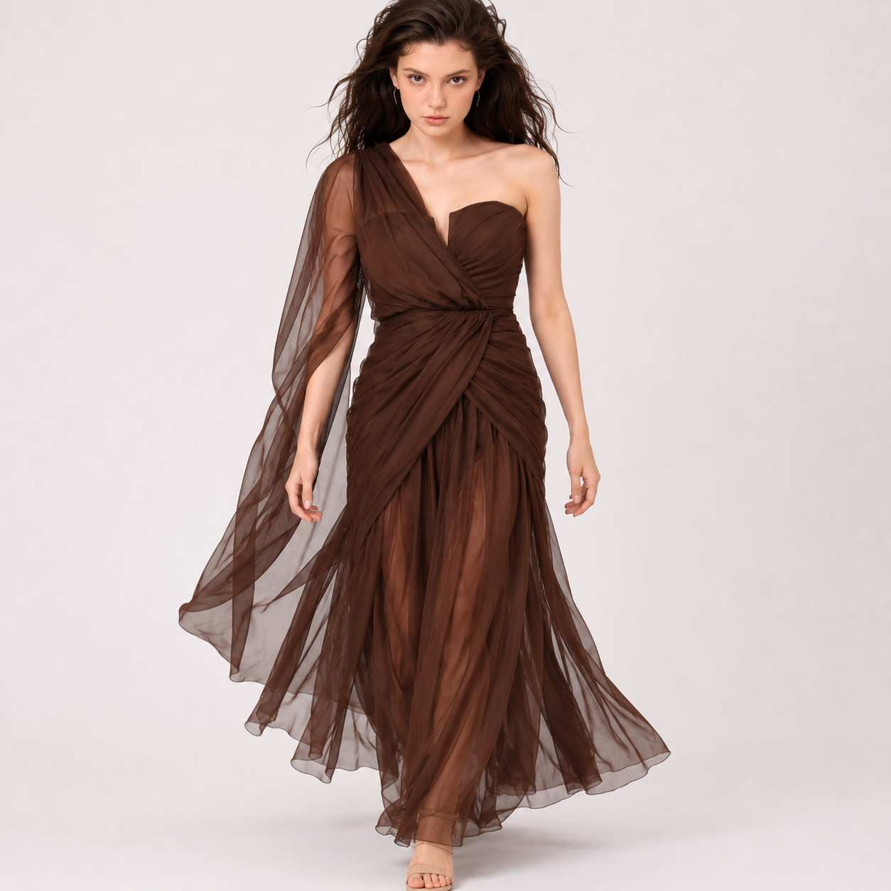 One-Shoulder Flowy Mesh Dress – Mesh Fabric Detail | Celina Studio