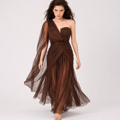 One-Shoulder Flowy Mesh Dress – Mesh Fabric Detail | Celina Studio